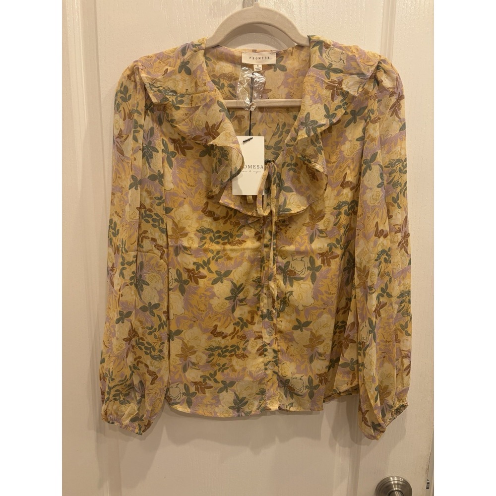 PROMESA Long Sleeve Yellow Floral Top Womens Ruffles Boutique Blouse